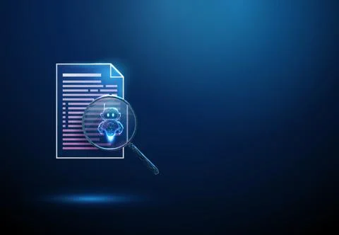 3D blue document and magnifying glass with robot. Artificial intelligence Stock Illustration