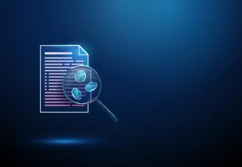 3D blue document and magnifying glass with coins. Financial audit, money Stock Illustration