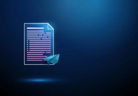 3D blue document and paper airplane. Send message, email, delivery Stock Illustration