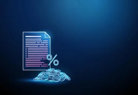 3D blue document and pile of coins with percent sign. Interest rate, financial Stock Illustration