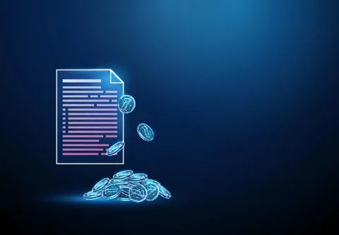 3D blue document and pile of coins with falling coins. Financial report Stock Illustration