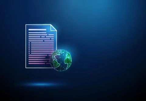 3D blue document and planet earth. Global communication, international data Stock Illustration