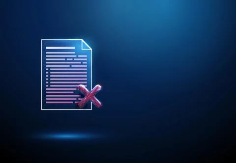3D blue document and red cross. Rejection, error, denial, cancellation, warning Stock Illustration