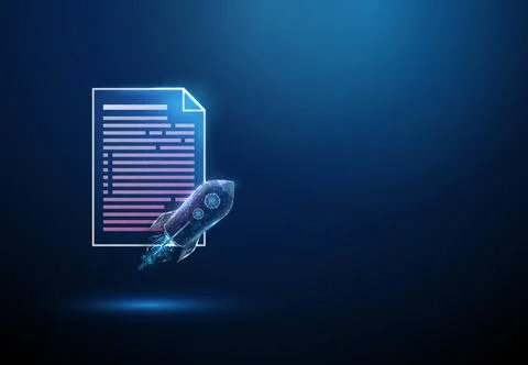 3D blue document and rocket. Startup launch, business growth, project Stock Illustration