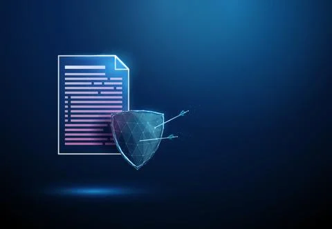 3D blue document and shield with arrows. Data protection, file security, secure Stock Illustration