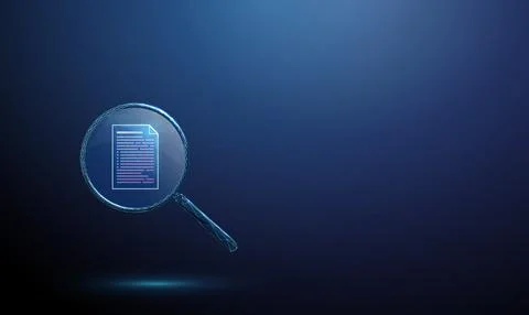 3D blue document inside a magnifying glass. Research, data analysis, audit Stock Illustration