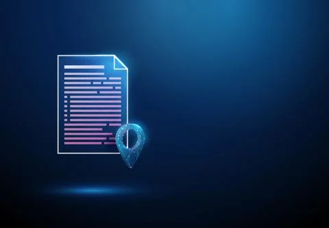 3D blue document with location pin icon. Paperwork, file management, data Stock Illustration