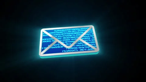 3D blue e-mail or mailing glowing shining with blue binary code encryption data Stock Footage 240467357