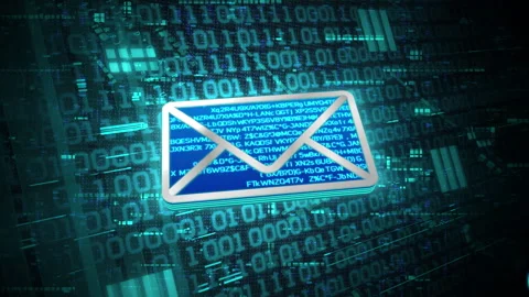 3D blue e-mail or mailing glowing shining with blue binary code encryption data Stock Footage 240468681