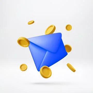 3D Blue envelope and yellow coin float. Illustrazione stock