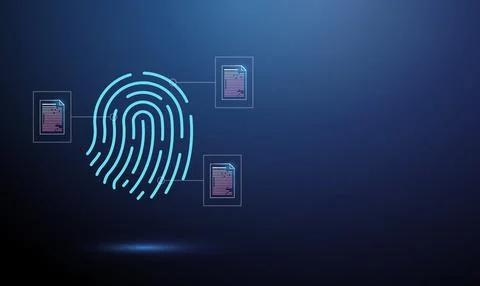 3D blue fingerprint with document files. Personal data access, identity records Stock Illustration