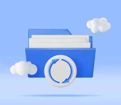 3D Blue Folder in Clouds with File Sync Icon Stock Illustration