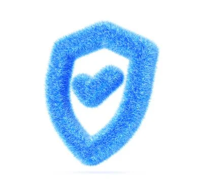 3d blue fur fluffy security shield frame isolated render icon. Furry outline 스톡 일러스트