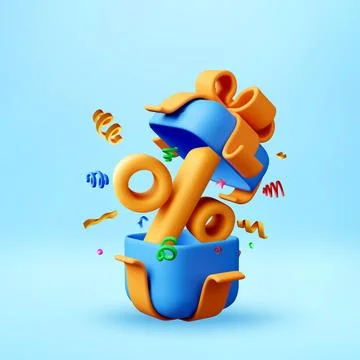 3D Blue gift box with orange percentage sign Stock Illustration