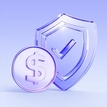 3D blue glass shield with crystal holographic dollar coin icon render. Money Stock Illustration