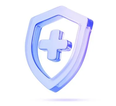 3d blue glass shield icon with medical plus cross sign. Health protection symbol Stock Illustration