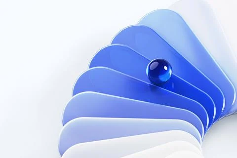 3d blue gradient glass layer texture with crystal sphere on white background Illustrazione stock