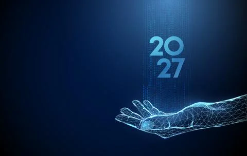 3D blue hand with data flow and 2027 number. Data stream, technology future Stock Illustration
