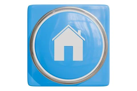 A 3D blue home button icon; a glossy square house symbol for the homepage o.. Stock Illustration