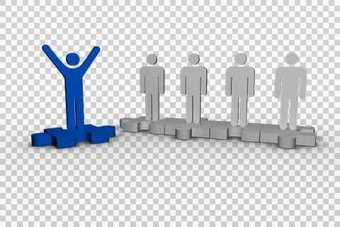 3d blue human standing on jigsaw piece by competitors Stock Photos