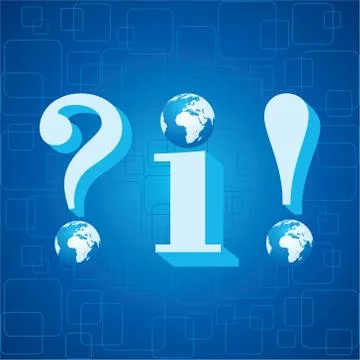 3d blue info,question mark and exclamatory mark icon with globe instead of dot Stock Illustration