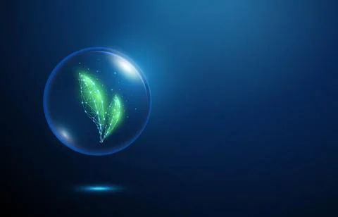 3D blue leaves inside a bubble. Natural cosmetic, plant extract, organic serum Иллюстрация