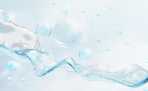 3d blue liquid transparent wave with air bubbles. Serum gel texture flow with Illustrazione stock