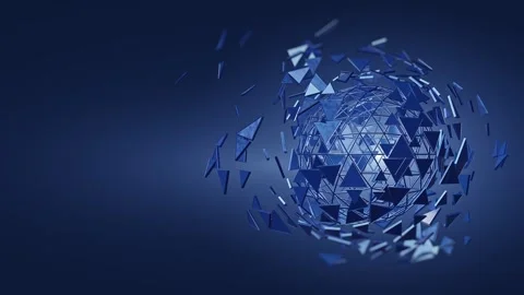 3D Blue Low Poly Triangle Sphere Exploding with Copy Space on Dark Blue Stock Footage 335642790