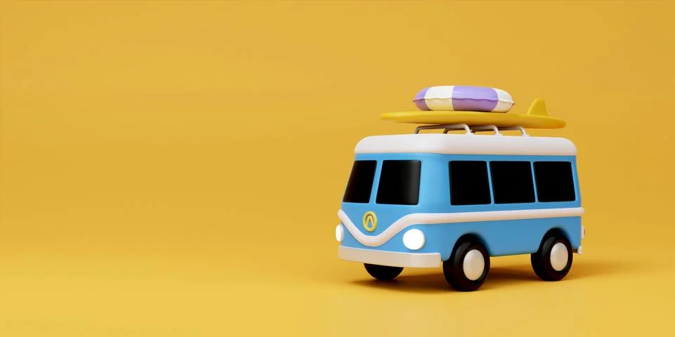 3d blue Mini van on yellow background , concept of beach vacation, landing page Stock Illustration