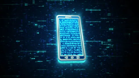3D blue mobile glowing shining with blue binary code encryption data Video stock 240473689