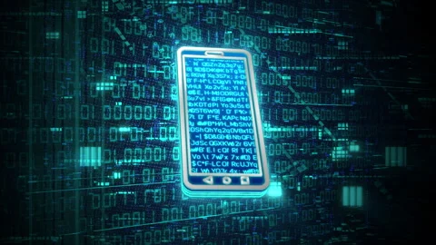 3D blue mobile glowing shining with blue binary code encryption data Stock Footage 240473731