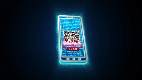3D blue mobile phone scanning QR Code glowing shining with blue binary code Stock Footage 241983147