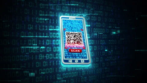 3D blue mobile phone scanning QR Code glowing shining with blue binary code Stock Footage 241998320