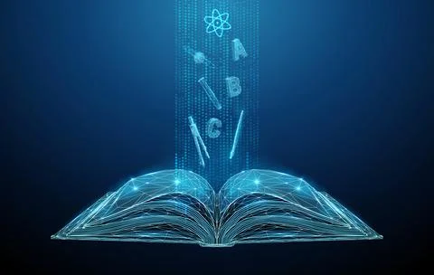 3D blue open book with educational symbols. Education, knowledge, online Stock Illustration