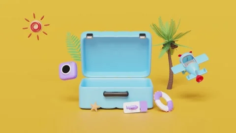 3d blue open suitcase empty with airplane, sun, plane, palm tree, camera is.. Stock Footage 265043642