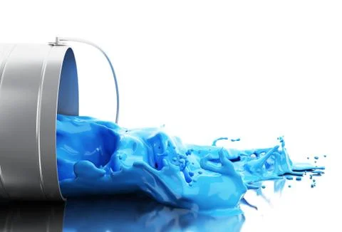 3d Blue paint splashing out of can Illustrazione stock