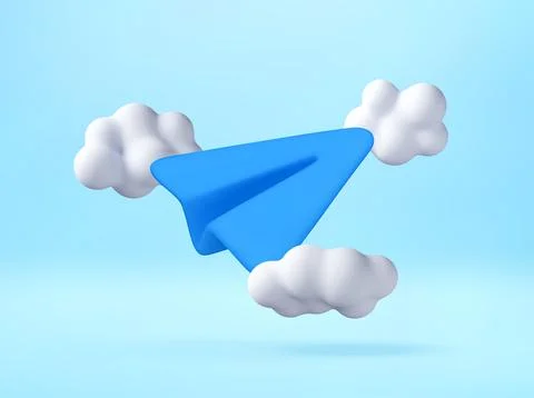 3D Blue paper plane flying among white clouds Stock Illustration