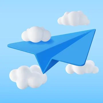 3D Blue Paper Plane in Sky with Clouds Stock Illustration