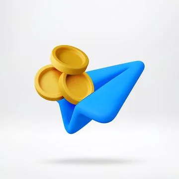 3D Blue paper plane with stack of gold coins Stock Illustration