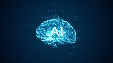 3D blue particle brain logo with artificial intelligence (AI) and grid line Stock Footage 245182578