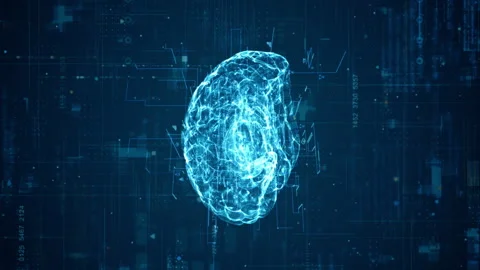 3D blue particle digital brain logo with grid line and technology icon rotation Stock Footage 245446296