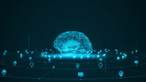 3D Blue particle digital brain logo with grid and rotation Stock Footage 248369337