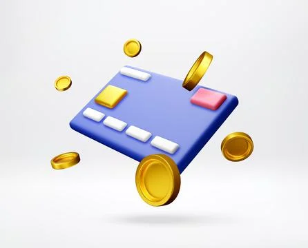 3D Blue payment card with floating gold coins. Stock Illustration