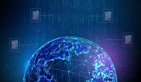 3D blue planet and data stream with documents. Global network, online paperwork Stock Illustration