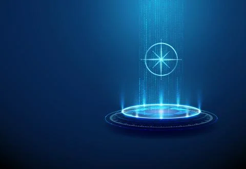 3D blue podium with compass in data stream. Navigation, direction, strategy Stock Illustration