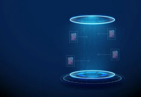 3D blue podium with data stream and documents. Digital paperwork success, online Stock Illustration