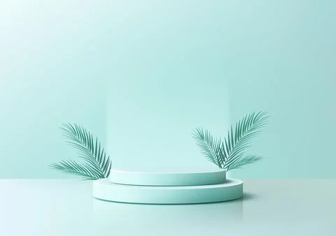 3d blue podium display with tropical palm leaves mockup for modern product .. Stock Illustration