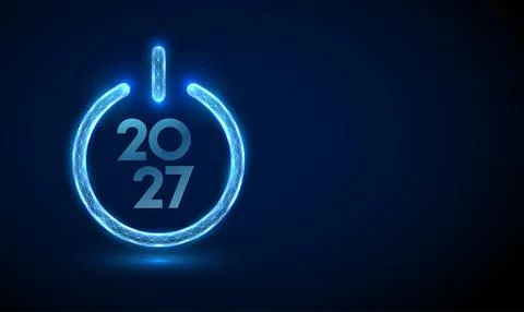 3D blue power button and 2027 number. New year, fresh start, new beginning Stock Illustration
