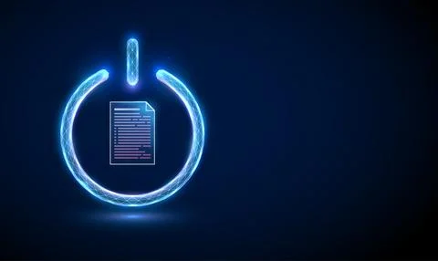 3D blue power button with document inside. Paperwork, document management, file Stock Illustration
