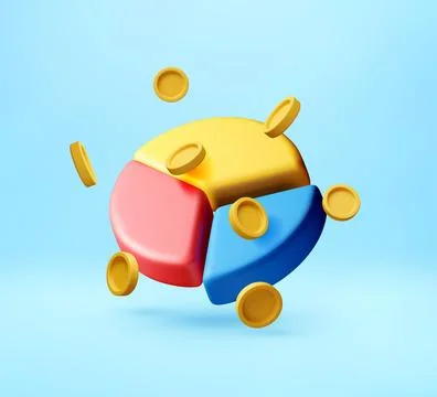 3d Blue, red, and yellow pie chart with gold coins Stock Illustration